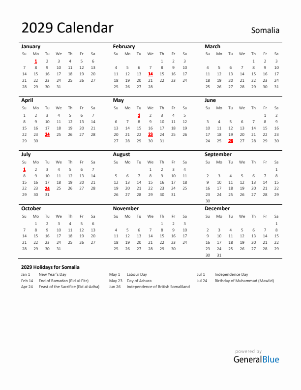 Standard Holiday Calendar for 2029 with Somalia Holidays