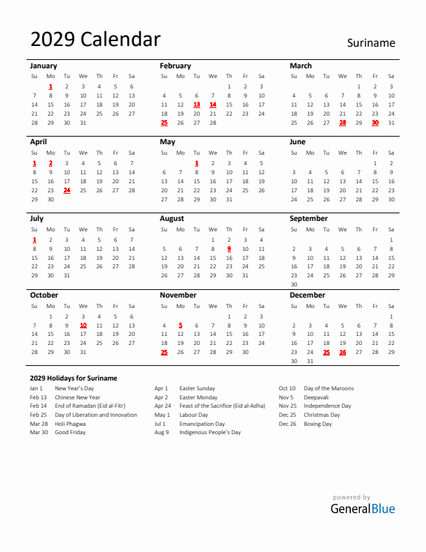 Standard Holiday Calendar for 2029 with Suriname Holidays