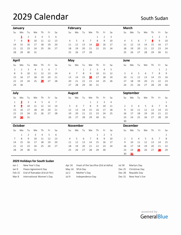 Standard Holiday Calendar for 2029 with South Sudan Holidays