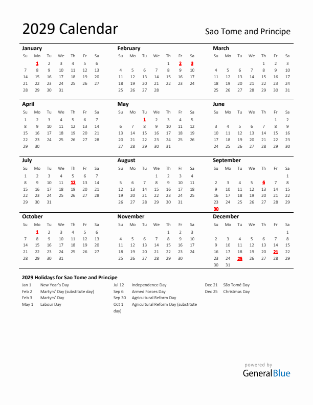 Standard Holiday Calendar for 2029 with Sao Tome and Principe Holidays 