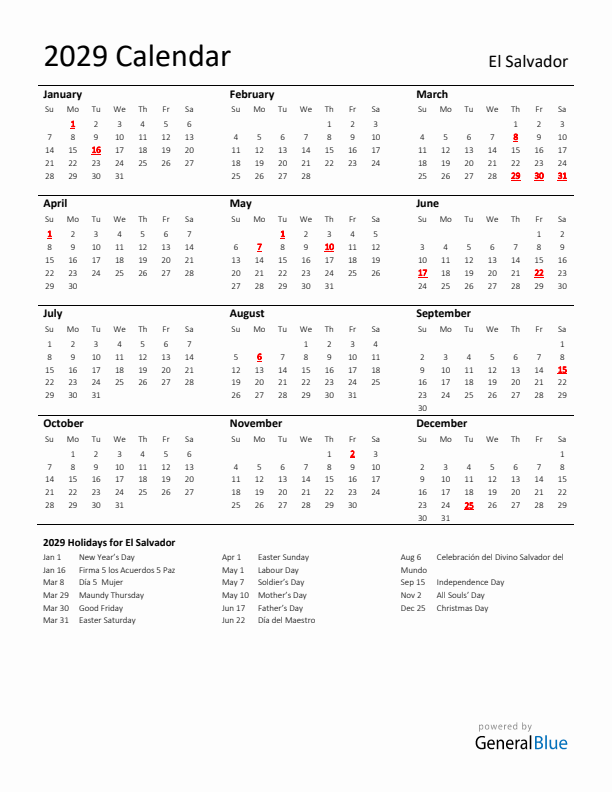 Standard Holiday Calendar for 2029 with El Salvador Holidays