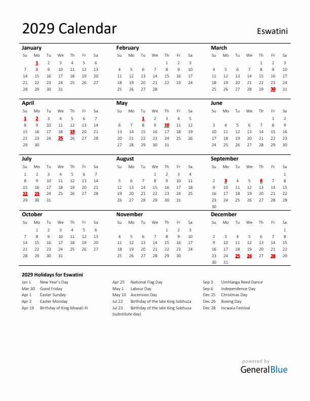 Standard Holiday Calendar for 2029 with Eswatini Holidays 