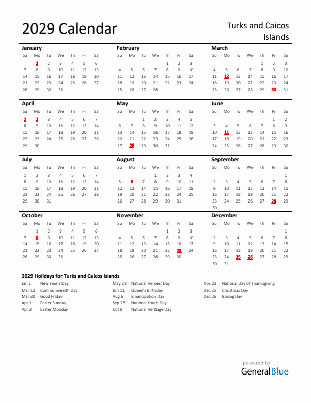 Standard Holiday Calendar for 2029 with Turks and Caicos Islands Holidays 