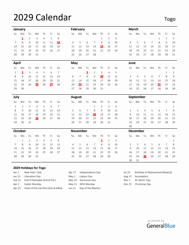 Standard Holiday Calendar for 2029 with Togo Holidays
