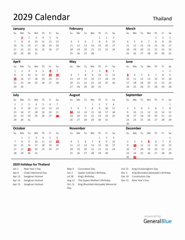 Standard Holiday Calendar for 2029 with Thailand Holidays 