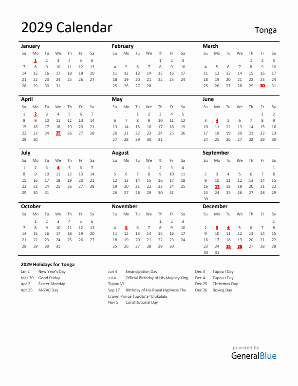 Standard Holiday Calendar for 2029 with Tonga Holidays 