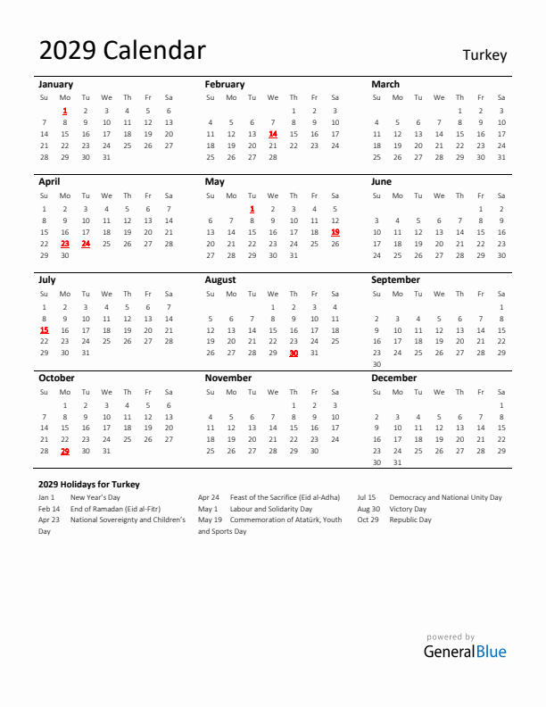 Standard Holiday Calendar for 2029 with Turkey Holidays