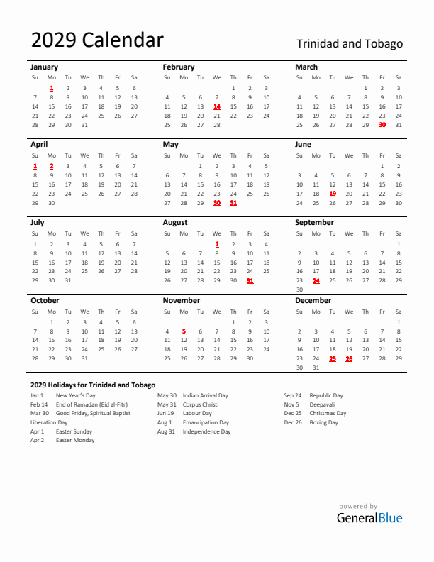 Standard Holiday Calendar for 2029 with Trinidad and Tobago Holidays 