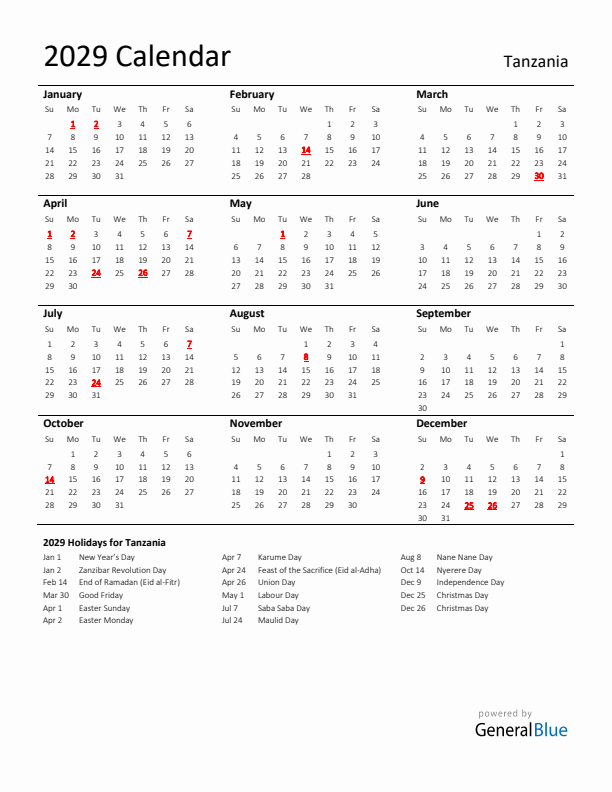 Standard Holiday Calendar for 2029 with Tanzania Holidays