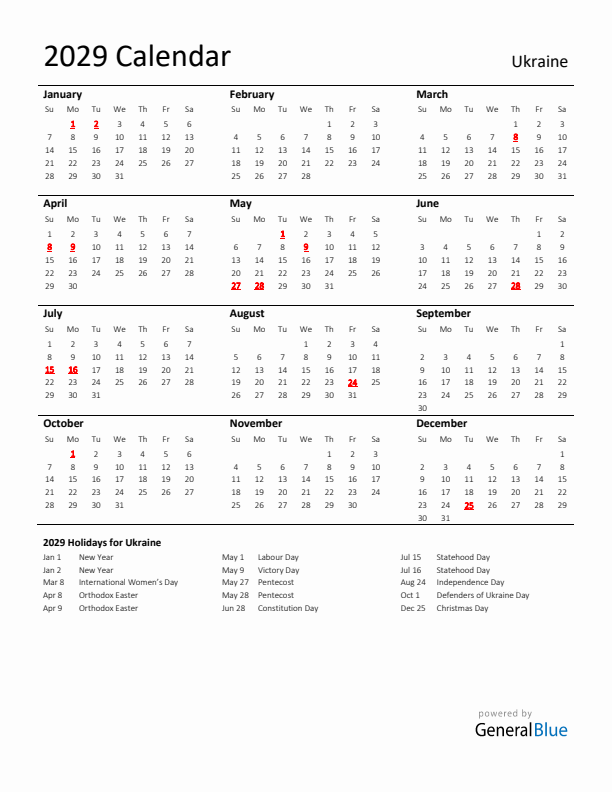 Standard Holiday Calendar for 2029 with Ukraine Holidays