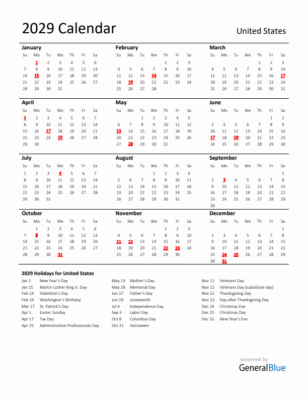 Standard Holiday Calendar for 2029 with United States Holidays