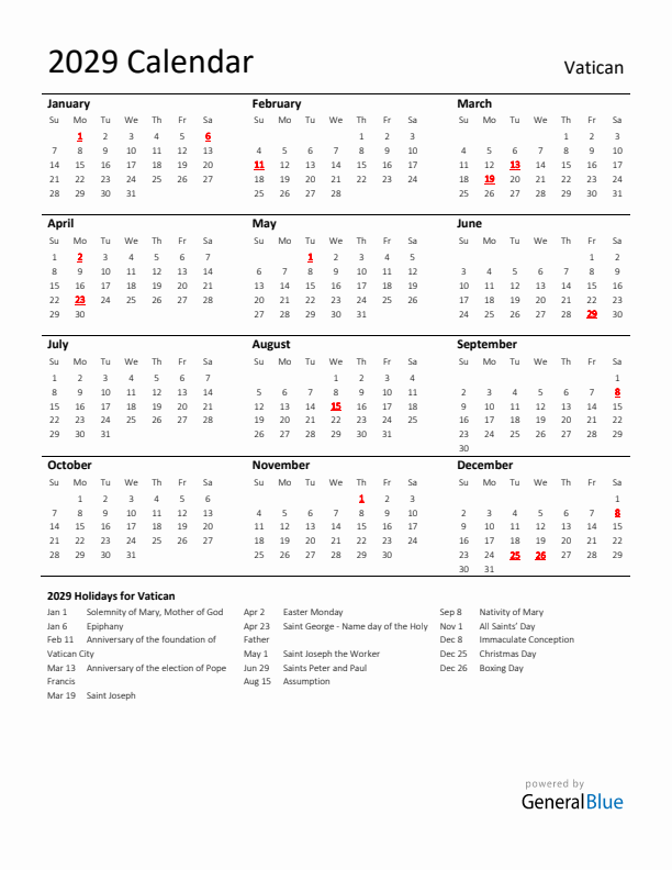 Standard Holiday Calendar for 2029 with Vatican Holidays