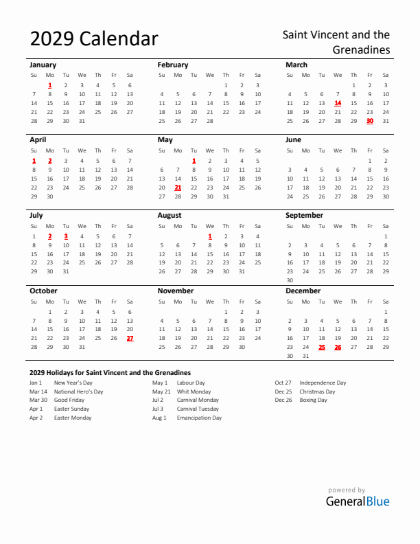 Standard Holiday Calendar for 2029 with Saint Vincent and the Grenadines Holidays 