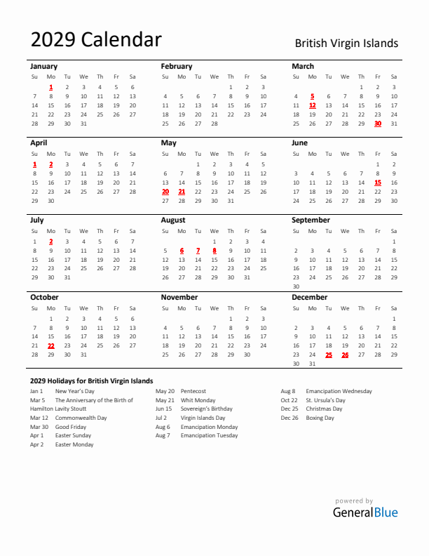 Standard Holiday Calendar for 2029 with British Virgin Islands Holidays 