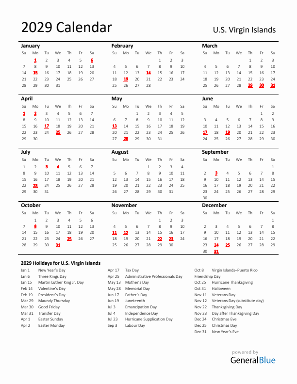 Standard Holiday Calendar for 2029 with U.S. Virgin Islands Holidays 