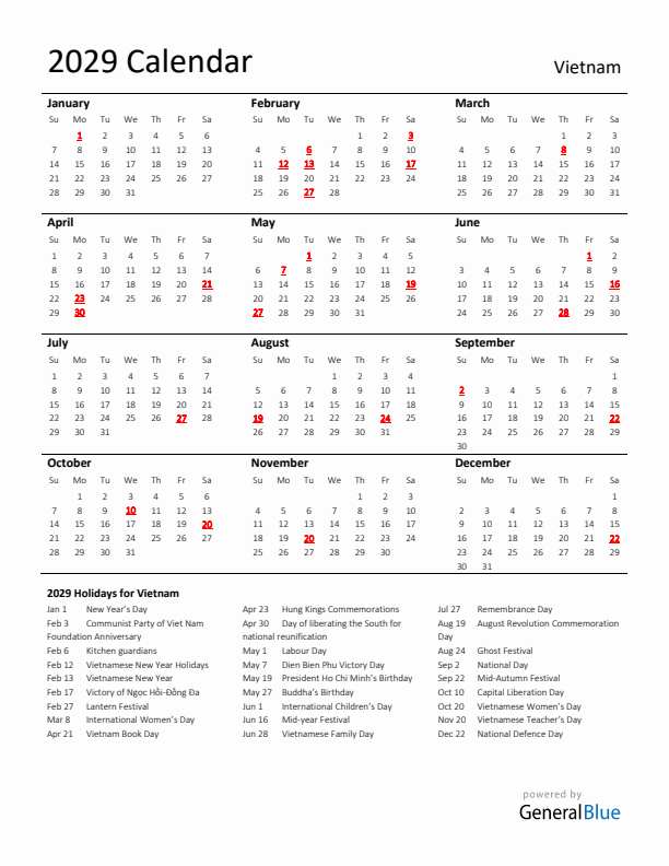 Standard Holiday Calendar for 2029 with Vietnam Holidays