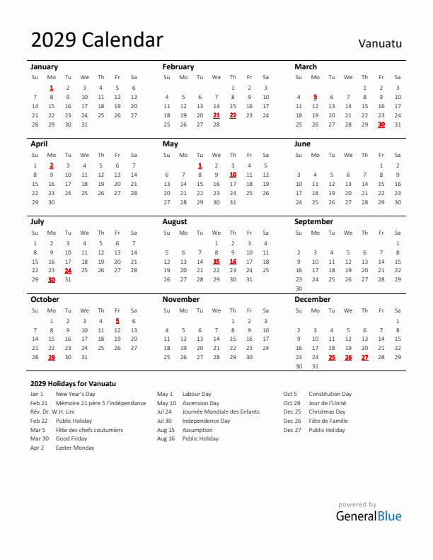 Standard Holiday Calendar for 2029 with Vanuatu Holidays 