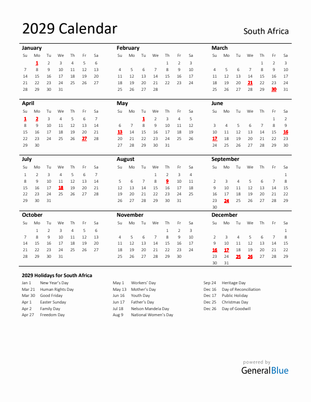 Standard Holiday Calendar for 2029 with South Africa Holidays
