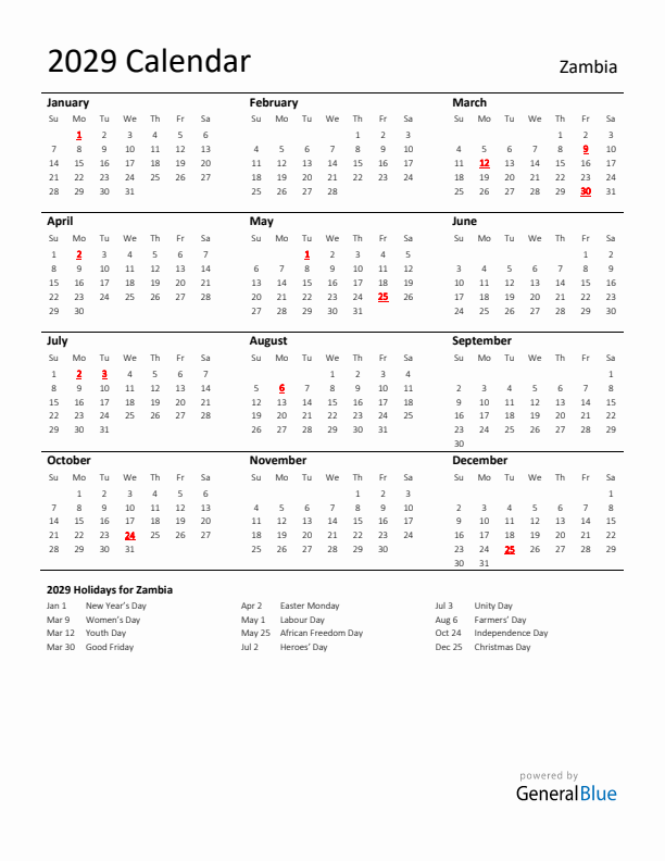 Standard Holiday Calendar for 2029 with Zambia Holidays