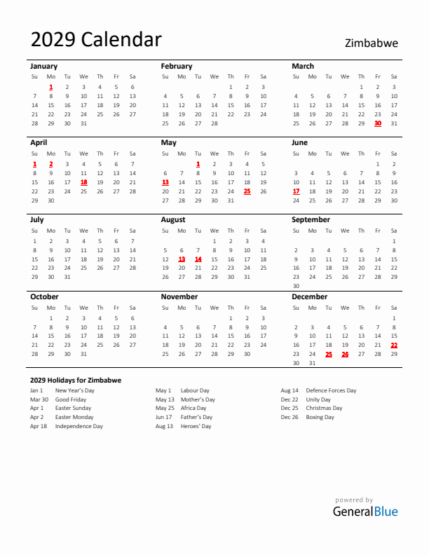 Standard Holiday Calendar for 2029 with Zimbabwe Holidays