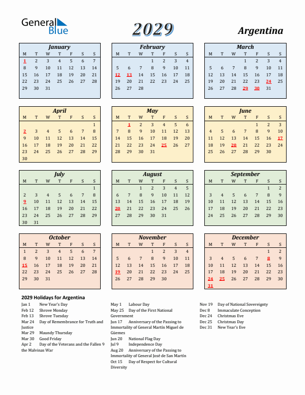 Argentina Calendar 2029 with Monday Start