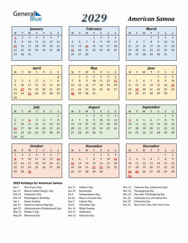 American Samoa Calendar 2029 with Monday Start