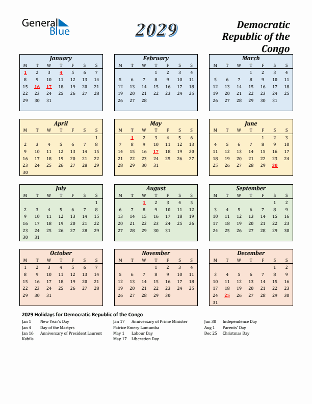 Democratic Republic of the Congo Calendar 2029 with Monday Start