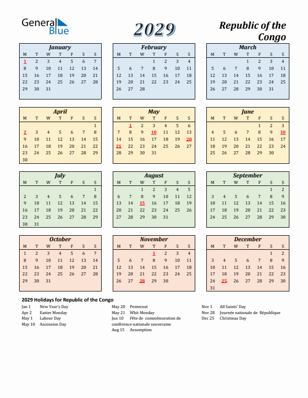 Republic of the Congo Calendar 2029 with Monday Start