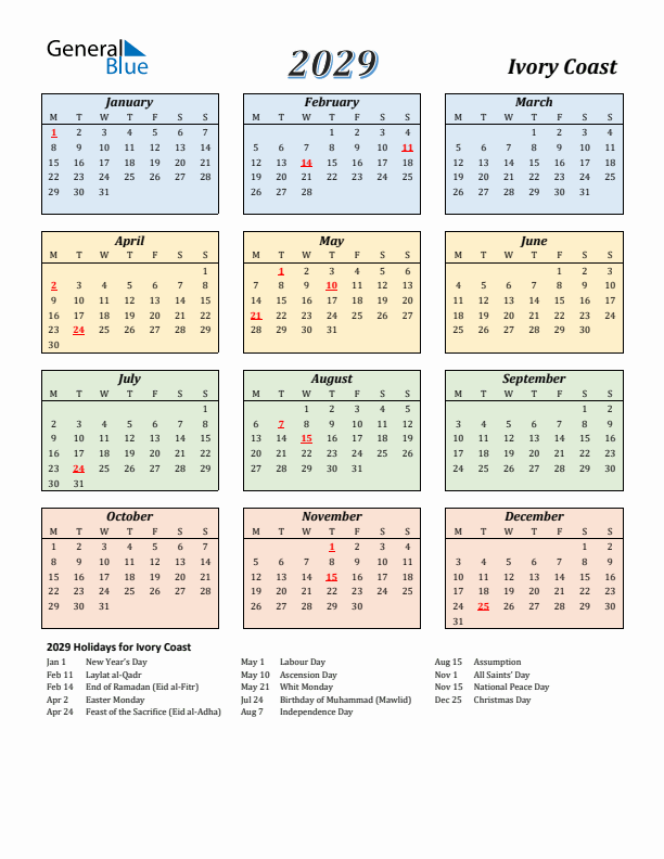 Ivory Coast Calendar 2029 with Monday Start