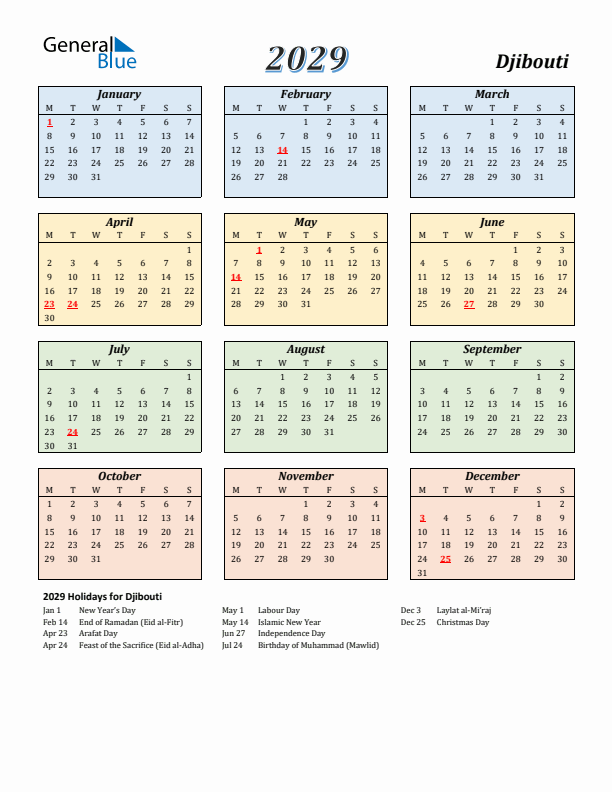Djibouti Calendar 2029 with Monday Start