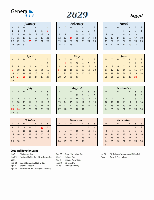Egypt Calendar 2029 with Monday Start