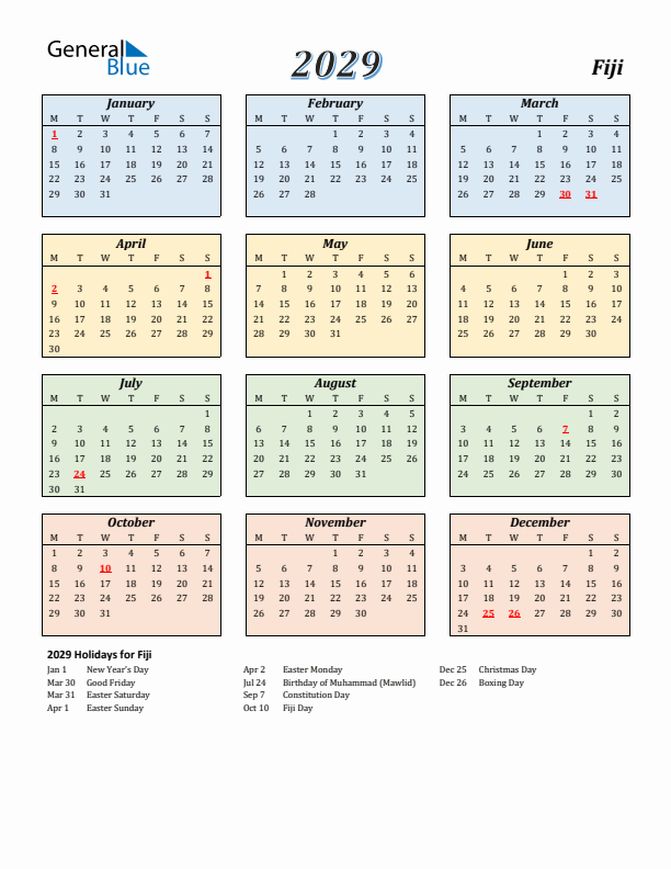 Fiji Calendar 2029 with Monday Start