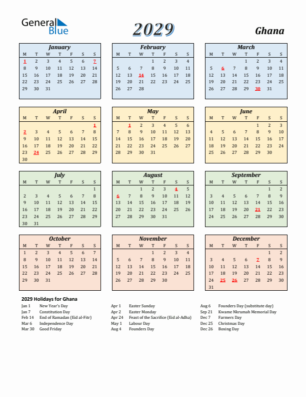 Ghana Calendar 2029 with Monday Start