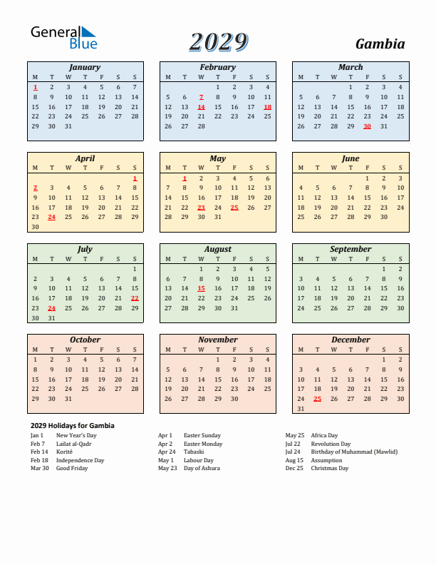 Gambia Calendar 2029 with Monday Start