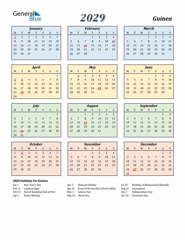 Guinea Calendar 2029 with Monday Start