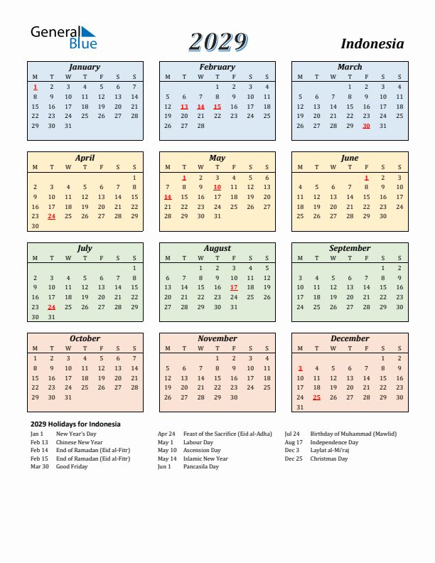 Indonesia Calendar 2029 with Monday Start