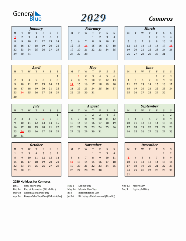 Comoros Calendar 2029 with Monday Start