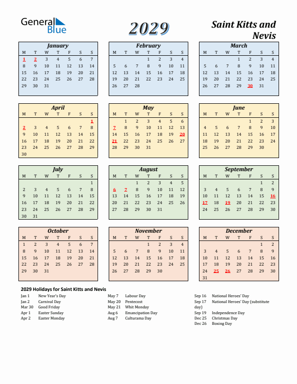 Saint Kitts and Nevis Calendar 2029 with Monday Start