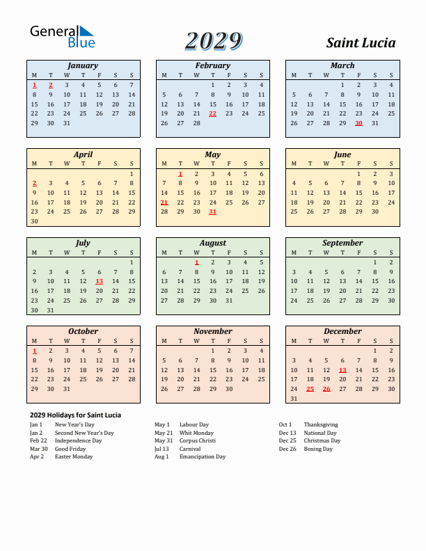 Saint Lucia Calendar 2029 with Monday Start