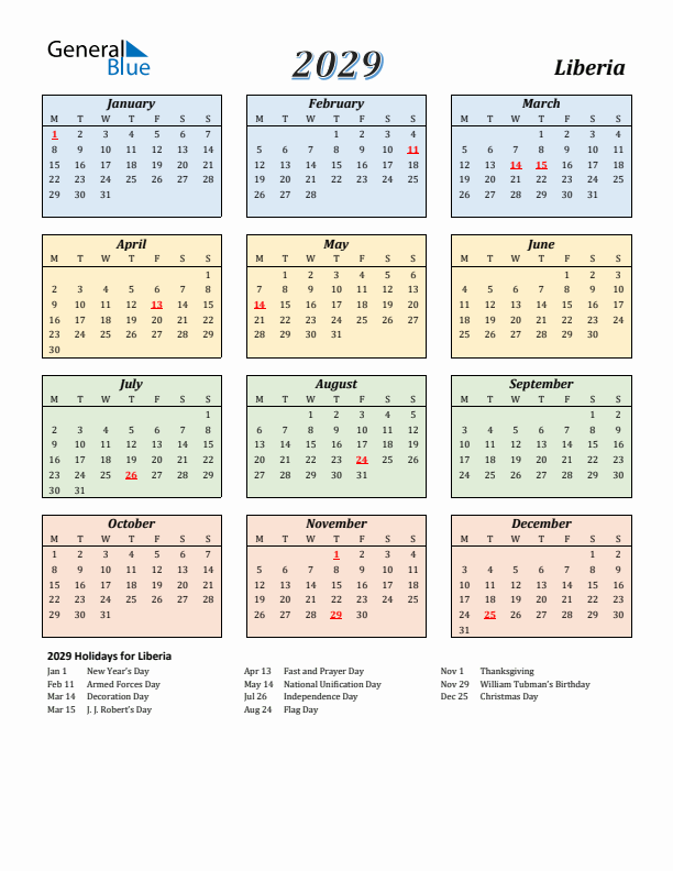 Liberia Calendar 2029 with Monday Start
