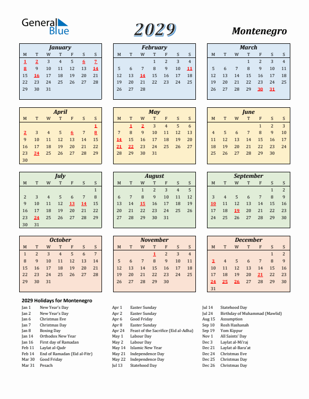 Montenegro Calendar 2029 with Monday Start