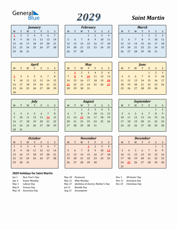 Saint Martin Calendar 2029 with Monday Start