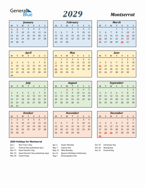 Montserrat Calendar 2029 with Monday Start