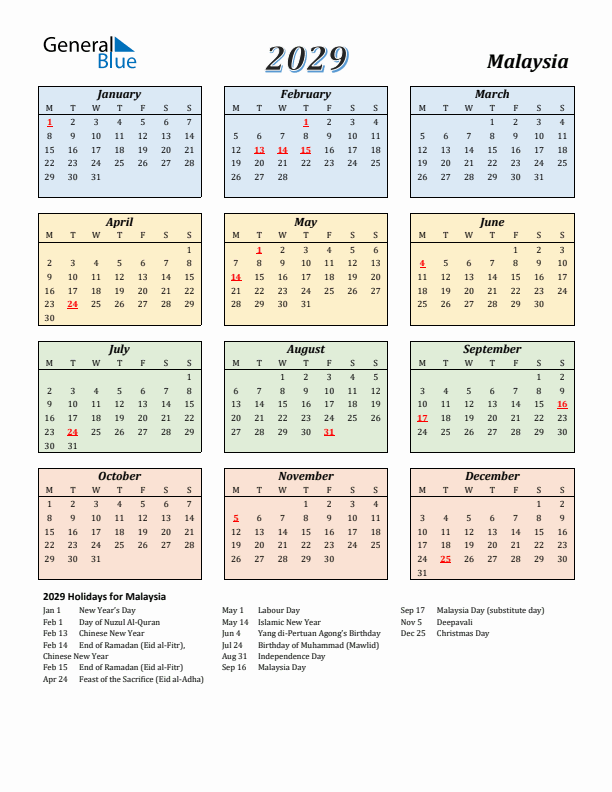 Malaysia Calendar 2029 with Monday Start