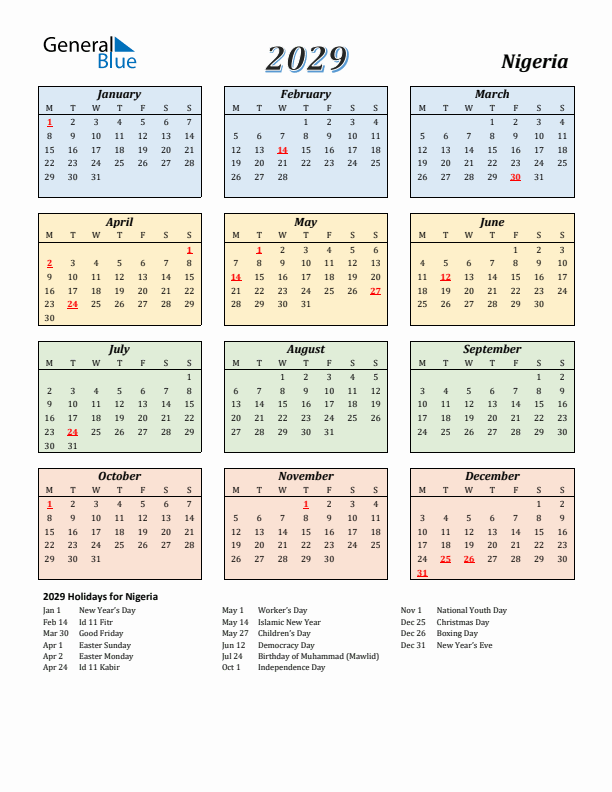 Nigeria Calendar 2029 with Monday Start