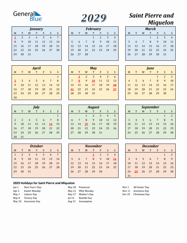 Saint Pierre and Miquelon Calendar 2029 with Monday Start