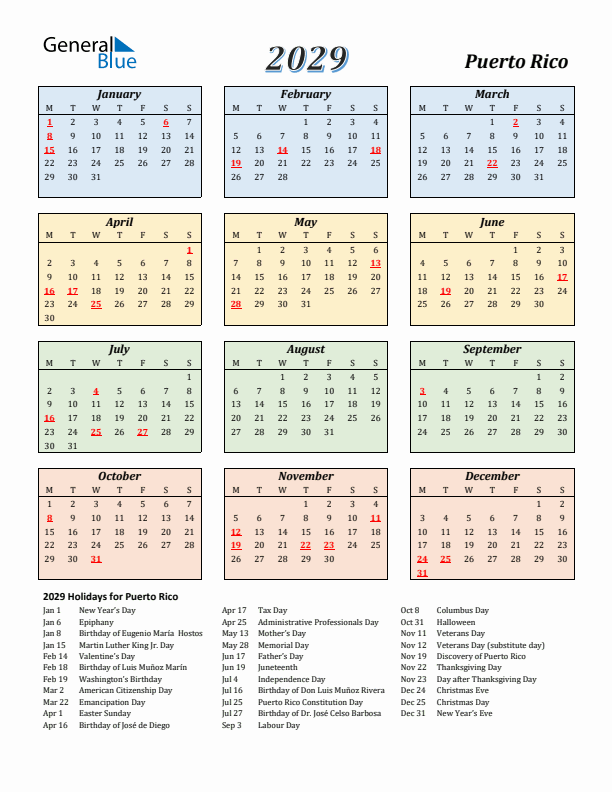 Puerto Rico Calendar 2029 with Monday Start