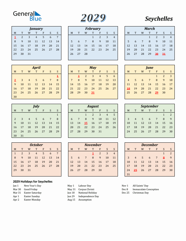 Seychelles Calendar 2029 with Monday Start