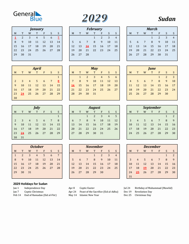 Sudan Calendar 2029 with Monday Start