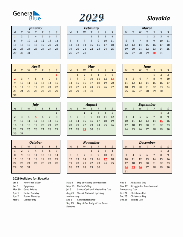 Slovakia Calendar 2029 with Monday Start